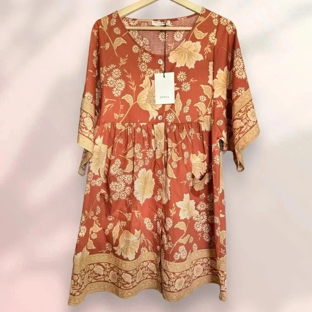 NWT SPELL & THE GYPSY Sloan Smock Mini Dress in Ochre Size M - Picture 10 of 16